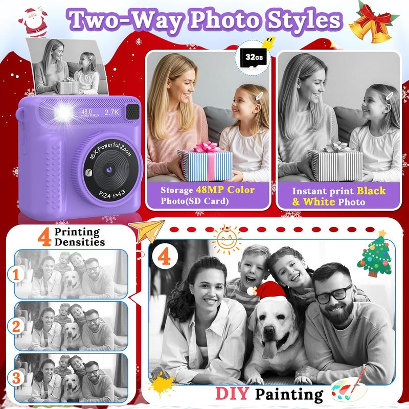 JPVERLY Kids Camera Instant Print, 1080P HD Digital Video Recorder with 32GB SD Card, Christmas Birthday Gifts for 3-12 Year Old Girls and Boys, Portable Toy for Toddlers and Kids (Purple Pro) - Image 3